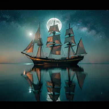 a clipper ship on a mirror-flat sea under the full moon, cinematic still style, FLUX.2