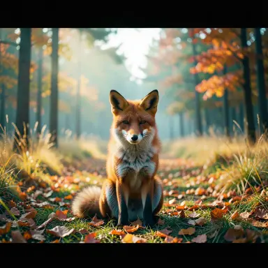 a red fox sitting in an autumn clearing, cinematic still style, FLUX.2