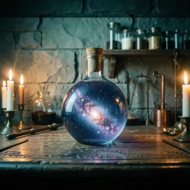 a galaxy swirling inside a glass flask in an alchemist's laboratory, cinematic still style, FLUX.2