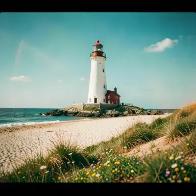 a lighthouse on a rocky islet, beach and dunes in front, cinematic still style, FLUX.2
