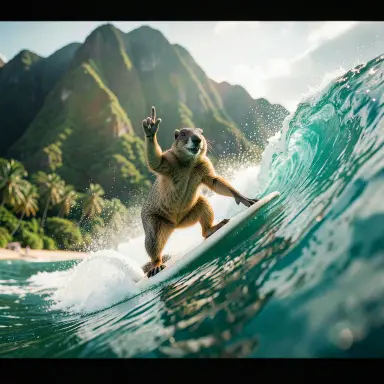 a marmot surfing a big wave, flashing a V sign, cinematic still style, FLUX.2