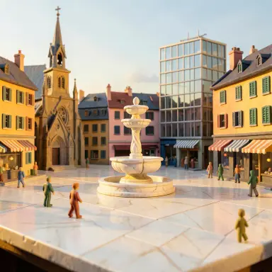 a sunlit city square with a fountain and buildings of different eras, clay animation style, FLUX.2