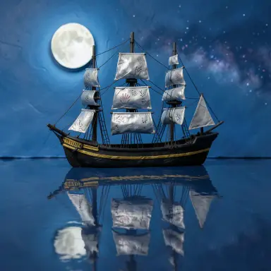 a clipper ship on a mirror-flat sea under the full moon, clay animation style, FLUX.2