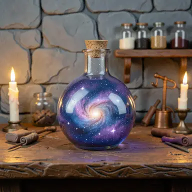 a galaxy swirling inside a glass flask in an alchemist's laboratory, clay animation style, FLUX.2