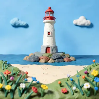 a lighthouse on a rocky islet, beach and dunes in front, clay animation style, FLUX.2