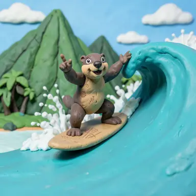 a marmot surfing a big wave, flashing a V sign, clay animation style, FLUX.2