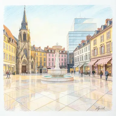 a sunlit city square with a fountain and buildings of different eras, colored pencil style, FLUX.2