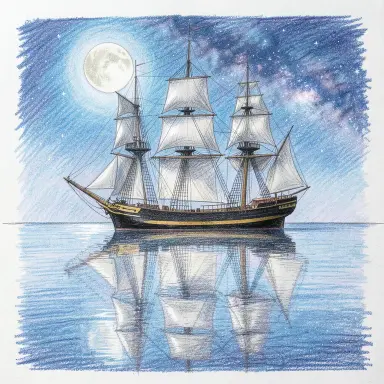 a clipper ship on a mirror-flat sea under the full moon, colored pencil style, FLUX.2
