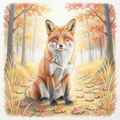 a red fox sitting in an autumn clearing, colored pencil style, FLUX.2
