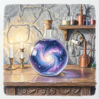 a galaxy swirling inside a glass flask in an alchemist's laboratory, colored pencil style, FLUX.2