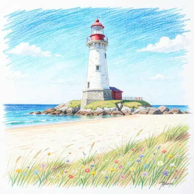 a lighthouse on a rocky islet, beach and dunes in front, colored pencil style, FLUX.2