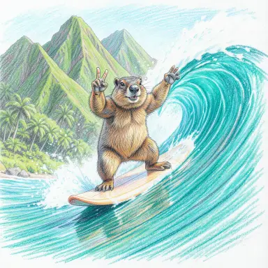 a marmot surfing a big wave, flashing a V sign, colored pencil style, FLUX.2