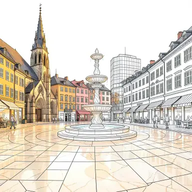 a sunlit city square with a fountain and buildings of different eras, coloring book style, FLUX.2