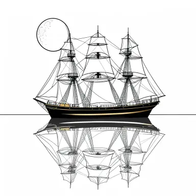 a clipper ship on a mirror-flat sea under the full moon, coloring book style, FLUX.2