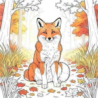 a red fox sitting in an autumn clearing, coloring book style, FLUX.2