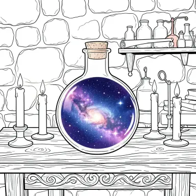 a galaxy swirling inside a glass flask in an alchemist's laboratory, coloring book style, FLUX.2