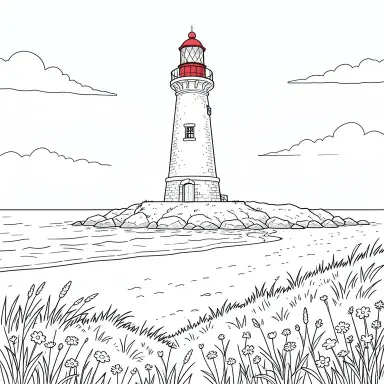 a lighthouse on a rocky islet, beach and dunes in front, coloring book style, FLUX.2