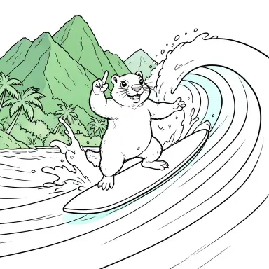 a marmot surfing a big wave, flashing a V sign, coloring book style, FLUX.2