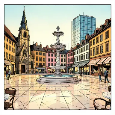 a sunlit city square with a fountain and buildings of different eras, comic book style, FLUX.2