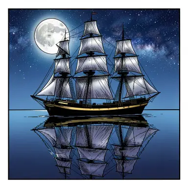 a clipper ship on a mirror-flat sea under the full moon, comic book style, FLUX.2