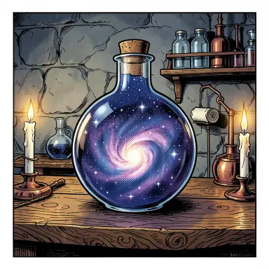 a galaxy swirling inside a glass flask in an alchemist's laboratory, comic book style, FLUX.2