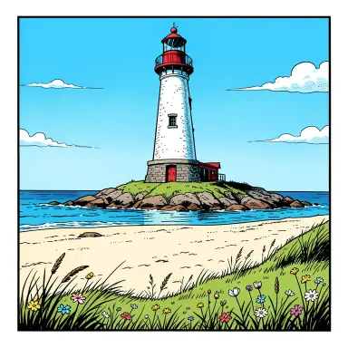 a lighthouse on a rocky islet, beach and dunes in front, comic book style, FLUX.2