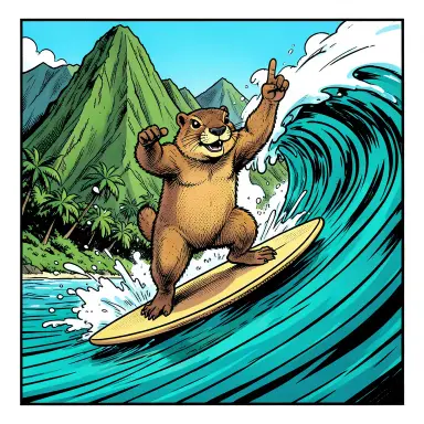 a marmot surfing a big wave, flashing a V sign, comic book style, FLUX.2