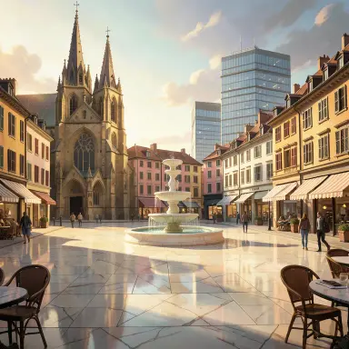a sunlit city square with a fountain and buildings of different eras, concept art style, FLUX.2