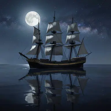 a clipper ship on a mirror-flat sea under the full moon, concept art style, FLUX.2
