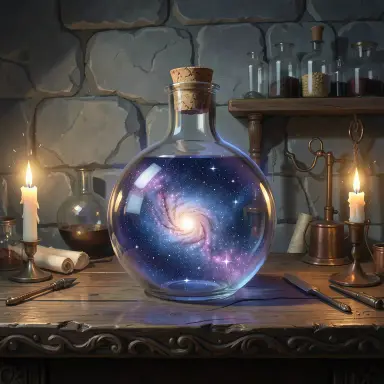 a galaxy swirling inside a glass flask in an alchemist's laboratory, concept art style, FLUX.2