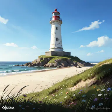 a lighthouse on a rocky islet, beach and dunes in front, concept art style, FLUX.2