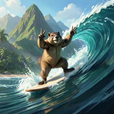 a marmot surfing a big wave, flashing a V sign, concept art style, FLUX.2
