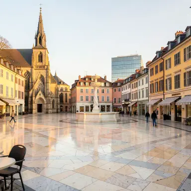 a sunlit city square with a fountain and buildings of different eras, no style, FLUX.2