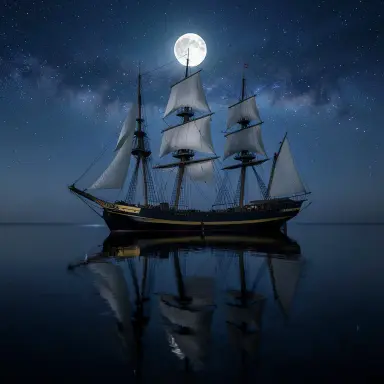 a clipper ship on a mirror-flat sea under the full moon, no style, FLUX.2