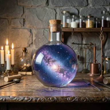 a galaxy swirling inside a glass flask in an alchemist's laboratory, no style, FLUX.2