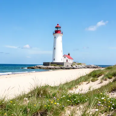 a lighthouse on a rocky islet, beach and dunes in front, no style, FLUX.2