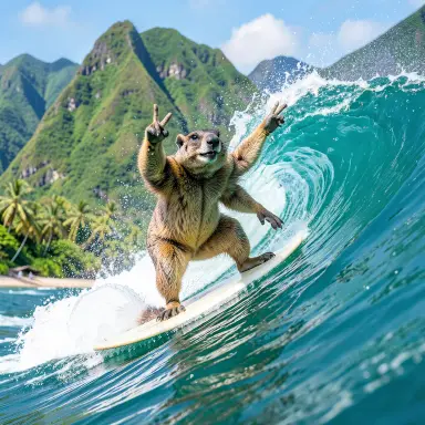 a marmot surfing a big wave, flashing a V sign, no style, FLUX.2