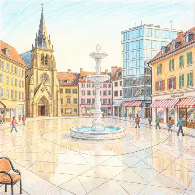 a sunlit city square with a fountain and buildings of different eras, crayon drawing style, FLUX.2