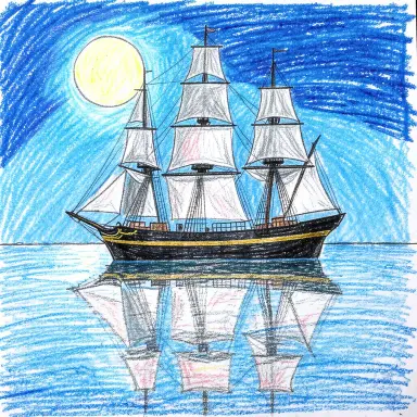 a clipper ship on a mirror-flat sea under the full moon, crayon drawing style, FLUX.2