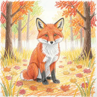 a red fox sitting in an autumn clearing, crayon drawing style, FLUX.2