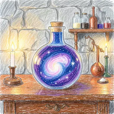 a galaxy swirling inside a glass flask in an alchemist's laboratory, crayon drawing style, FLUX.2