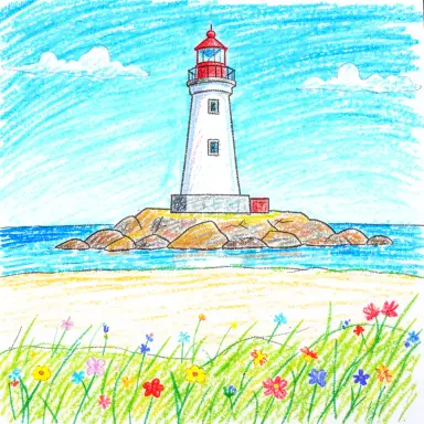 a lighthouse on a rocky islet, beach and dunes in front, crayon drawing style, FLUX.2