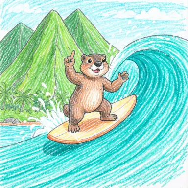 a marmot surfing a big wave, flashing a V sign, crayon drawing style, FLUX.2