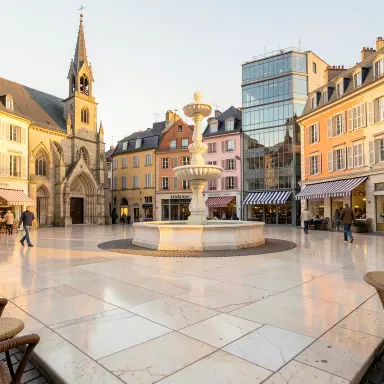 a sunlit city square with a fountain and buildings of different eras, crochet style, FLUX.2