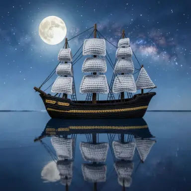 a clipper ship on a mirror-flat sea under the full moon, crochet style, FLUX.2