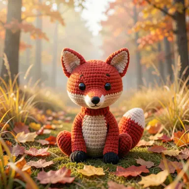 a red fox sitting in an autumn clearing, crochet style, FLUX.2