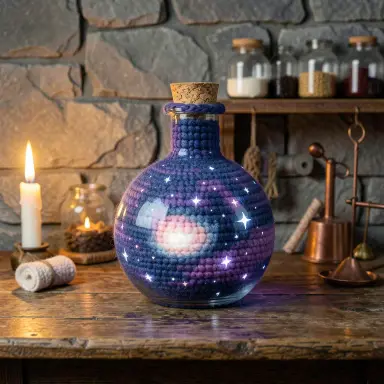 a galaxy swirling inside a glass flask in an alchemist's laboratory, crochet style, FLUX.2