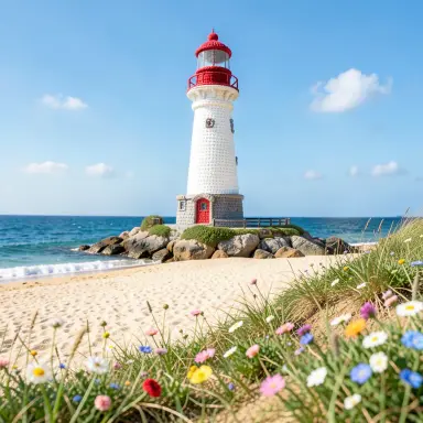 a lighthouse on a rocky islet, beach and dunes in front, crochet style, FLUX.2