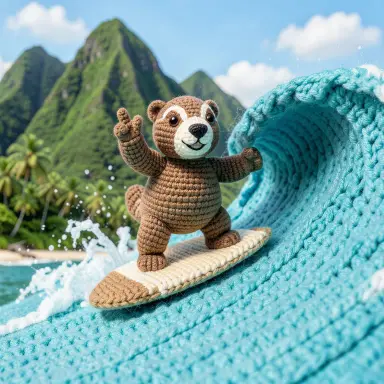 a marmot surfing a big wave, flashing a V sign, crochet style, FLUX.2