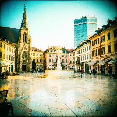a sunlit city square with a fountain and buildings of different eras, cross-processed film style, FLUX.2